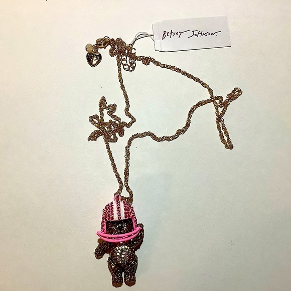 Betsey Johnson Rhinestone Football Bear Pendant Necklace New - Picture 3 of 5
